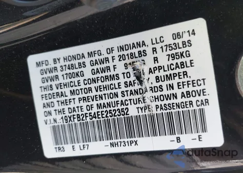 2014 Honda Civic Lx z USA, uszkodzony, nr VIN 19XFB2F54EE252352